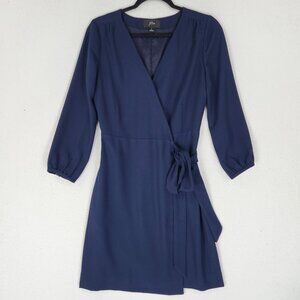 J Crew Dress Womens 2 Navy Blue Wrap 3/4 Sleeve Matte Crepe Knee Length Casual